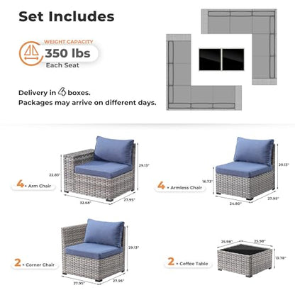 ovios 12 Pieces Patio Furniture Set, Outdoor Wicker Sectional Sofa with Coffee Table Comfy Cushions, Modern Modular Deep Seat Couch Rattan Conversation Set, Denim Blue