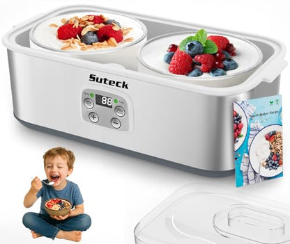 Suteck Yogurt Maker with Glass Jar- Stainless Steel Yogurt Machine with Adjustable Time & Temp Control, Homemade Greek, Probiotic Yogurt, BPA-Free 2 Yogurt Bowls (2 Quart)