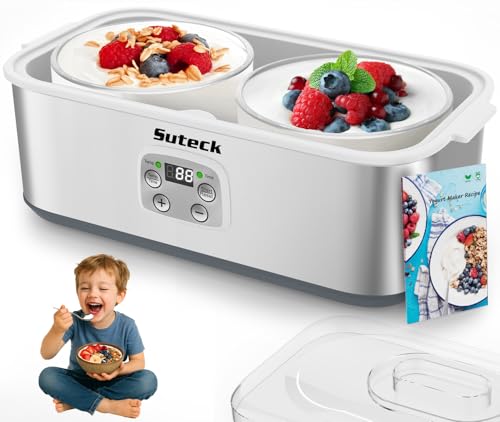 Suteck Yogurt Maker with Glass Jar- Stainless Steel Yogurt Machine with Adjustable Time & Temp Control, Homemade Greek, Probiotic Yogurt, BPA-Free 2 Yogurt Bowls (2 Quart)