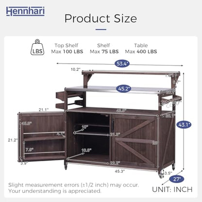 Hennhari Outdoor Kitchen Island with Stainless Steel Top & Raised Shelf, Rolling Grill Cart with Spice & Towel Rack, Outdoor Island Table with Storage Cabinet & Hooks (Brown)