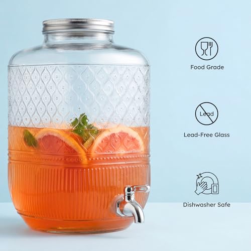Godinger Drink Dispenser 2 Gallon, Large Glass Water Dispenser - (256oz) Clear