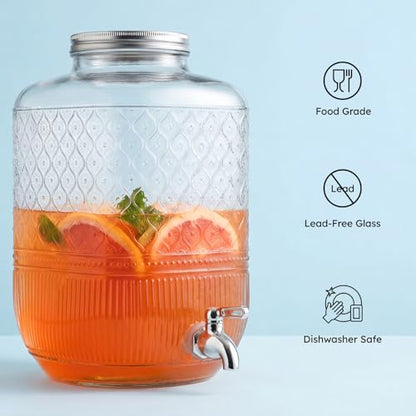 Godinger Drink Dispenser 2 Gallon, Large Glass Water Dispenser - (256oz) Clear