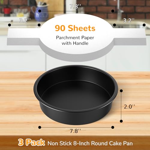 AltarreT 8 Inch Round Cake Pan Set of 3, Nonstick Baking Pans with 100PCS Parchment Paper, Dishwasher Safe
