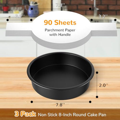 AltarreT 8 Inch Round Cake Pan Set of 3, Nonstick Baking Pans with 100PCS Parchment Paper, Dishwasher Safe