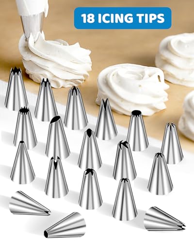 130 Pcs Piping Bags and Tips Set, Cakes Decorating Kit Supplies with 100 Pcs 12 Inch Piping Bags, 1 Reusable Pastry Bags, 18 Tips, 2 Couplers, 2 Bags Ties, 3 Clips, 1 Scriber Needle, 3 Cake Scraper