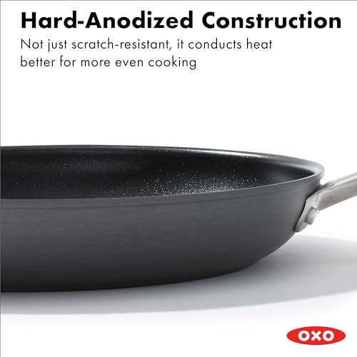 OXO Enhanced 12” Nonstick Frying Pan Skillet with Lid, Ceramic PFAS-Free Cookware, Durable Hard Anodized, Scratch Resistant, Stainless Steel Handle, Eggs & Omelets, Dishwasher & Oven Safe, Black