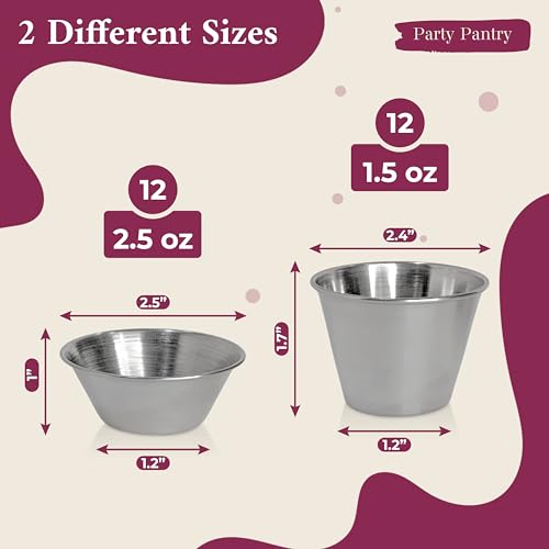 Party Pantry Stainless Steel Ramekins 24 Pack (1.5oz & 2.5oz) – Metal Dipping Sauce Cups, Condiment Cups, Small Metal Ramekins for Sauce, Ketchup, BBQ, Soy Sauce – Stackable Restaurant Portion Cups