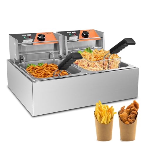 Commercial Deep Fryer 20.7Qt/20L Dual Tank Deep Fryers with Baskets 0.8mm Thickened Stainless Steel Electric Countertop Fryer with Adjustable Temperature, 1700w x2, 110v