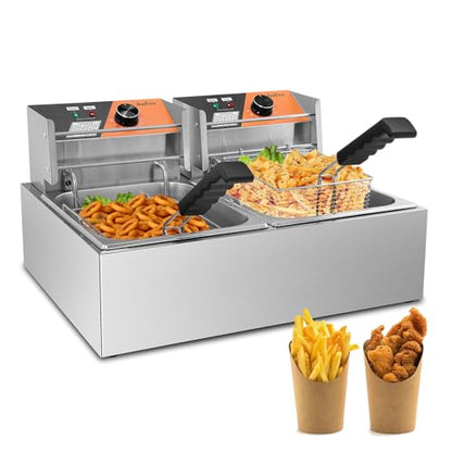 Commercial Deep Fryer 20.7Qt/20L Dual Tank Deep Fryers with Baskets 0.8mm Thickened Stainless Steel Electric Countertop Fryer with Adjustable Temperature, 1700w x2, 110v