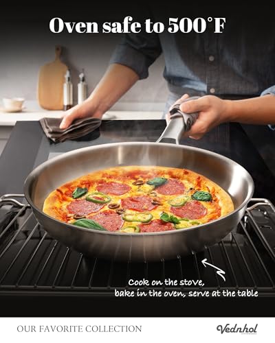 VEDNHOL Stainless Steel Frying Pan with Stainless Steel Handle,12 Inch Tri-Ply Stainless Steel Skillet,Brushed Steel Pan for Cooking,Dishwasher and Oven Safe,Induction&All Stove Compatible