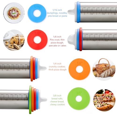 Rolling Pin with Thickness Rings, Fulimax 17" Adjustable Stainless Steel Rolling Pins for Baking, Dough Roller for Fondant Pizza, Pie, Pasta, Cookies, Cakes, Kitchen Baking Supplies