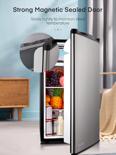 FOHERE 3.2 Cu. Ft Small Refrigerator with Freezer, Compact Mini Fridge with 7 Level Temperature Control, Removable Glass Shelves for Bedroom, Office, Dorm, Stainless Steel, BC-90U-E