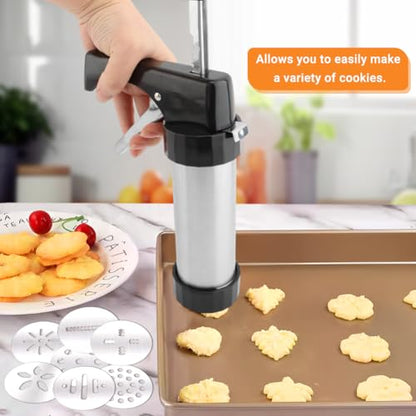 Stainless Steel Cookies Press,Stainless Steel Cookies Press,with 13 Cookie Discs and 8 Piping Tips for Baking & DIY Pastries Cake Dessert Making and Decorating(Black+Silver)