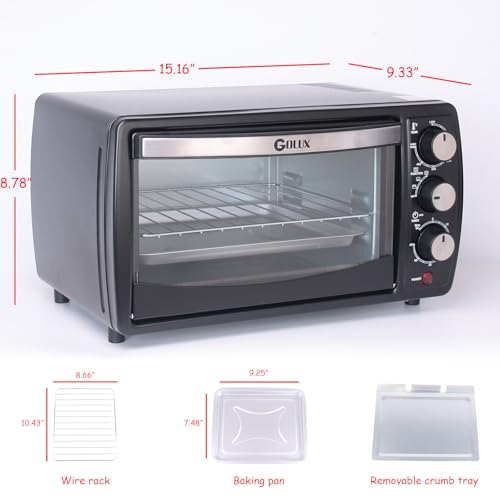 GOLUX GT12 Black Countertop Toaster Oven, 12L Compact Small Oven, 1200W, Fits 4 Slices, 4 Cooking Modes, 60-Min Timer & Adjustable Temperature, For Toast, Bake & Broil, Ideal for Apartment & Dorm
