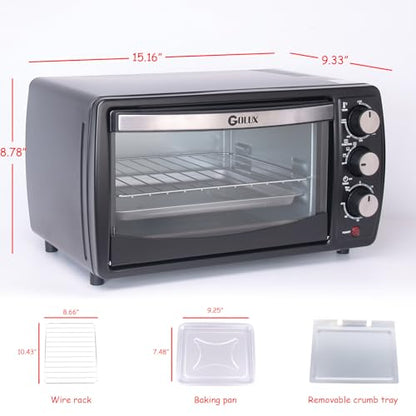 GOLUX GT12 Black Countertop Toaster Oven, 12L Compact Small Oven, 1200W, Fits 4 Slices, 4 Cooking Modes, 60-Min Timer & Adjustable Temperature, For Toast, Bake & Broil, Ideal for Apartment & Dorm