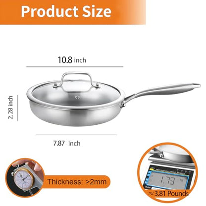 DELARLO Tri-Ply Stainless Steel Pan, 18/10 Frying Pan, Oven Safe Up to 600°F, Nontoxic Cookware, Compatible with All Cooktops Skillet, Durable, Fast Even Heat Fry Pan,10inch Steel Pan with Glass Lids
