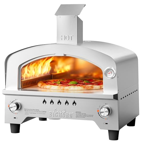BIG HORN Gas Pizza Oven, Portable Propane Pizza Oven with 15 inch Pizza Stone, Stainless Steel Pizza Maker for Outdoor Cooking