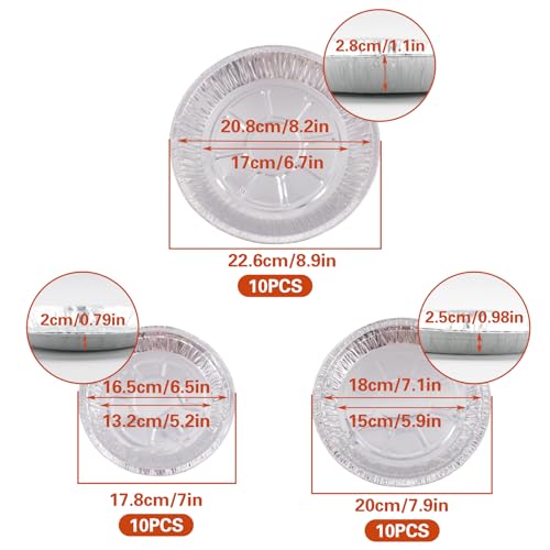 Hiyoo 30 Pack Aluminum Pizza Pans, 7/8/9 Inch Disposable Round Foil Bakeware Trays for Making Pizzas, Focaccia, Giant Size Chocolate Chip Cookie Cake Tin, Serving Trays