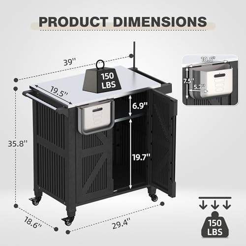 Outdoor Grill Cart with Stainless Steel Top, Outdoor Kitchen Island BBQ Prep Table, Storage Cabinet, Mobile Grill Cart with Folding Hanging Trash Bin, Wheels, Side Shelf for Patio, Garden, Picnic