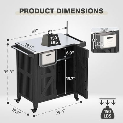 Outdoor Grill Cart with Stainless Steel Top, Outdoor Kitchen Island BBQ Prep Table, Storage Cabinet, Mobile Grill Cart with Folding Hanging Trash Bin, Wheels, Side Shelf for Patio, Garden, Picnic