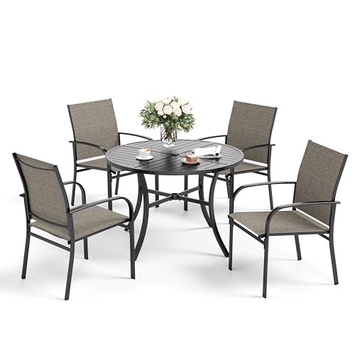 SUNSHINE VALLEY 5 Piece Patio Dining Set for 4, 42" x 42" Round Metal Table with Umbrella Hole and 4 Brown Chairs, Outdoor Table and Chairs Set for Lawn Backyard and Deck