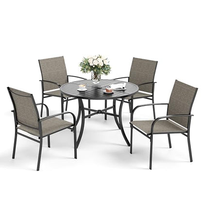 SUNSHINE VALLEY 5 Piece Patio Dining Set for 4, 42" x 42" Round Metal Table with Umbrella Hole and 4 Brown Chairs, Outdoor Table and Chairs Set for Lawn Backyard and Deck