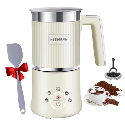 NESSGRAIM 5-in-1 Electric Milk Frother, Automatic Milk Frother & Steamer for Hot & Cold Foam, Large Capacity Milk Warmer for Latte Cappuccino, Hot Chocolate Maker, Dishwasher Safe (Beige)