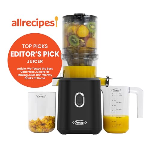 Omega Cold Press Juicer – Slow Masticating Hands Free Juicer Machine for Vegetables and Fruits with Wide Mouth Hopper for Whole Recipe Batch Juicing, Time Saving Series, Easy to Clean, 150-Watt Motor