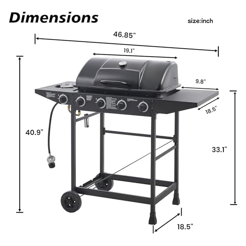 4 Burner Gas Grills, Outdoor Cooking Propane Gas Grills with Side Burner 24000 BTU, BBQ Propane Gas Grill with Enameled Grates & Side Tables for Kitchen Patio Backyard (4 Burner)