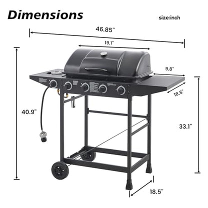 4 Burner Gas Grills, Outdoor Cooking Propane Gas Grills with Side Burner 24000 BTU, BBQ Propane Gas Grill with Enameled Grates & Side Tables for Kitchen Patio Backyard (4 Burner)