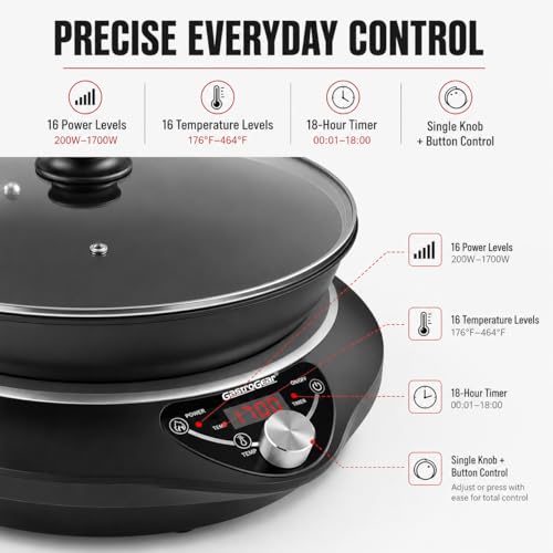 GastroGear 1700W Induction Cooktop with 13.4" Carbon Steel Wok Pan,Lid,Rack,1.97" Deep Curved Concave Electric Stove Burner 16 Watts/temp Precise Ctrl 200~1700W 176°F to 446°F,18H Timer ETL-Listed