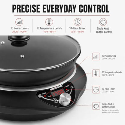GastroGear 1700W Induction Cooktop with 13.4" Carbon Steel Wok Pan,Lid,Rack,1.97" Deep Curved Concave Electric Stove Burner 16 Watts/temp Precise Ctrl 200~1700W 176°F to 446°F,18H Timer ETL-Listed