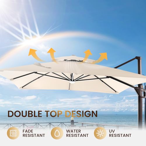 Ombrellon 10 X 13 FT Cantilever Patio Umbrella with Led Lights and Base Included Outdoor Heavy Duty Double Top Rectangle Offset Umbrellas with 360-degree Rotation for Pool Deck Backyard, Beige