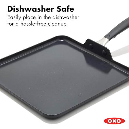 OXO 11” Non-Stick Every Day Square Griddle, BPA-Free Comfort Grip Silicone Handle, Dishwasher & Oven Safe, PFAS-Free Ceramic Skillet, Pancake Pan, Black