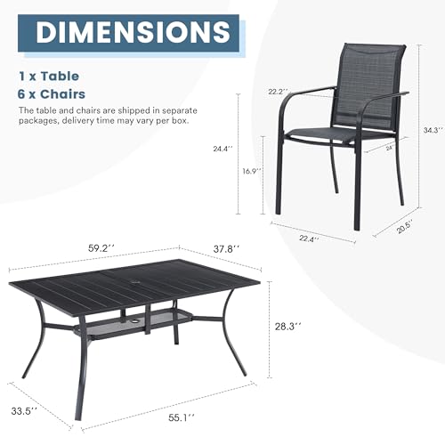 DIFY 7 Pieces Patio Dining Set for 6, Patio Furniture Includes Grey Stackable Sling Outdoor Chairs and 59.2" Rectangle Metal Black Table