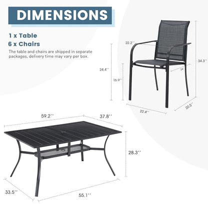 DIFY 7 Pieces Patio Dining Set for 6, Patio Furniture Includes Grey Stackable Sling Outdoor Chairs and 59.2" Rectangle Metal Black Table