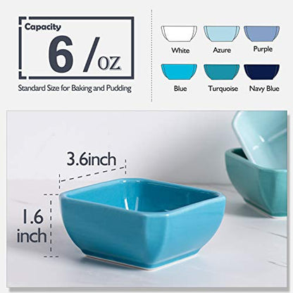 DELLING 6 Oz Porcelain Ramekins Set of 6, Square Souffle Dishes Oven Safe - Colorful Ceramic Creme Brulee Ramekins for Baking, Dishwasher Microwave Freezer Safe Dessert Cups for Pudding Custard