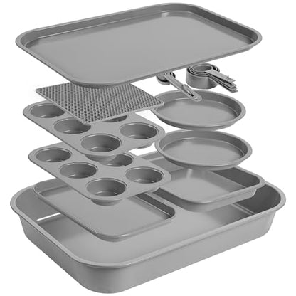 MAISONVISTA Non-Toxic 11-Piece Nonstick Bakeware Set - Professional Carbon Steel Stackable Baking Pans Set, PFOA-Free, Cookie Sheet, Mini Baking Sheet, Roasting Pan, Square, 2 Muffin & 2 Cake Pans