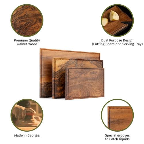 Walnut Wood Cutting Boards Set – Non Toxic, Solid Wood Cutting Board with Juice Groove - Wooden Charcuterie Boards for Serving Food - Wooden Chopping Board Set – Premium Dark Hardwood – Wedding Gifts