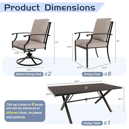 ALAULM 9-Piece Patio Dining Table and Chairs for 8 Outdoor Dining Set with 2 Swivel Chairs Patio Dining Sets with Rectangular Metal Table with Umbrella Hole for Patio, Backyard, Garden-Sand