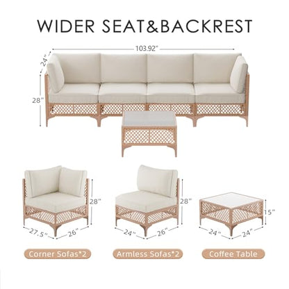 Vikiullf Patio Conversation Set, 5 Piece Outdoor Sectional Sofa Set with Coffee Table, Wicker Bistro Set with Thick Cushions, for Garden, Backyard, Poolside (Beige)