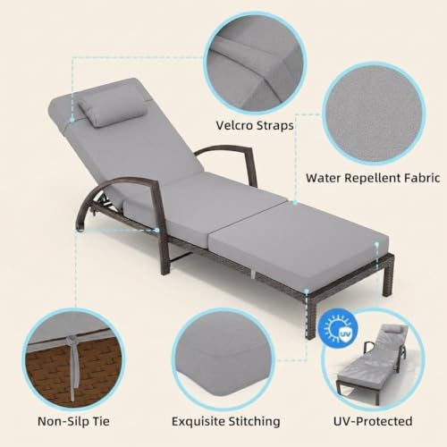 Garvee Outdoor Chaise Lounge Set of 2, 5-Position Adjustable PE Wicker Reclining Chairs with Wheels & 3.5" Cushions, 400 lbs Capacity All-Weather Patio Furniture for Poolside, Garden, Beach(Gray)