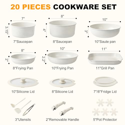 Tibbicc 20-Piece Ceramic Nonstick Cookware Set – Induction Compatible, Non-Toxic Pots & Pans with Removable Handles, Dishwasher & Oven Safe Stackable RV/Camping Cookware Cream White