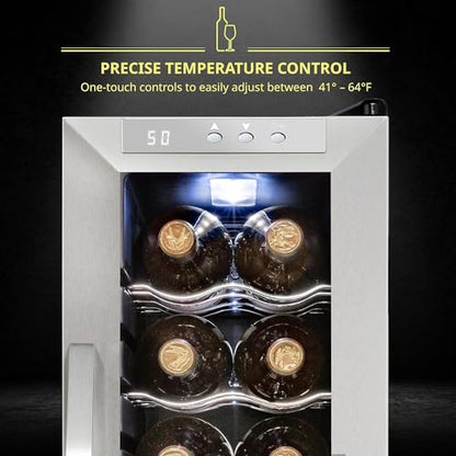 SCHMÉCKÉ 12 Bottle Compressor Wine Cooler Refrigerator w/Lock - Large Freestanding Wine Cellar For Red, White, Champagne or Sparkling Wine - 41f-64f Digital Temperature Control Fridge Stainless Steel