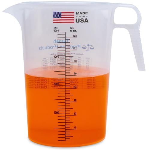 One Gallon 128oz Measure Pitcher - Convenient Conversion Chart - Strong Food Grade - Great for Lawn, Chemicals Pool, Ag, Lye, Home Hobbies, Motor Oil, Fluids - Turnah Precision Products, Made in USA