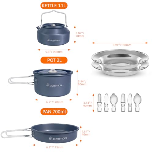 DINITHRON 13-Piece Camping Cookware Set with Anti-Scald Silicone Handles, Lightweight Non-Stick Aluminum Pots and Pans, Compact Mess Kit for Backpacking & Survival
