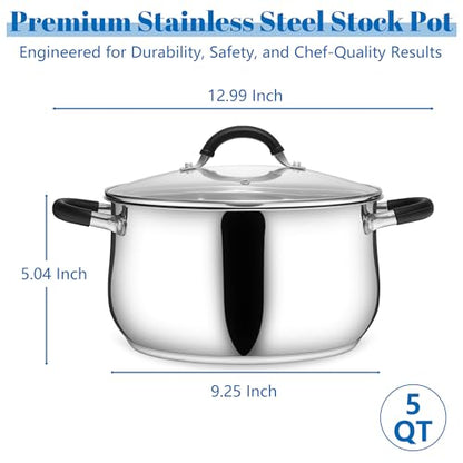 E-far 5Qt Stainless Steel Pot, Stock Pot with Glass Lid for Cooking Pasta Soup Sauce, Tri-Ply Induction Thick Base & Cool-Touch Handles, All Stoves & Dishwasher Safe