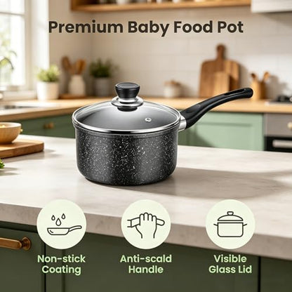 2 Quart Saucepan with Lid, Sauce Pan with Nonstick Swiss Granite Coating, Small Saucepot with Detachable Handle Multipurpose Induction Compatible