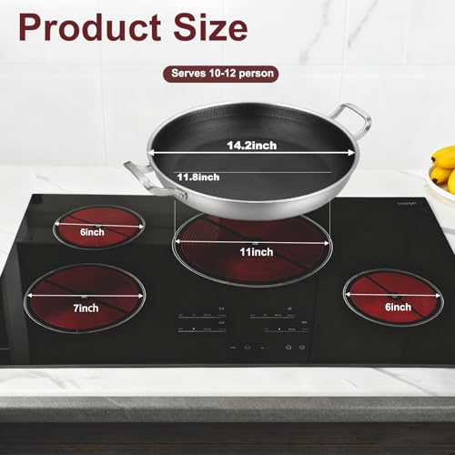 DELARLO Paella Pan 14 Inch Tri-Ply Stainless Steel Paella Pan with Lid Nonstick Frying Pan, Hybird Induction Large Skillets,Great for Paella Parties Indoors Outdoors,Heavy Duty Style