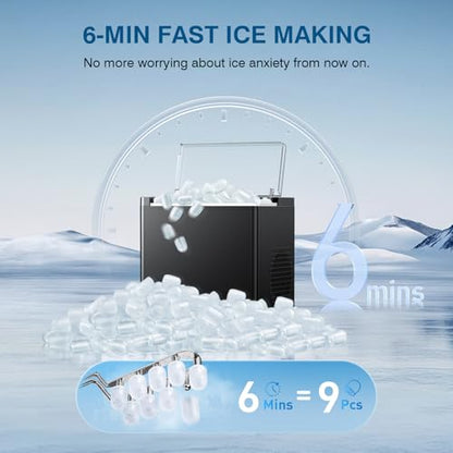 Countertop Ice Makers Machine, Portable Ice Machine Producing 9 Ice Cubes Within 6 Mins, Bullet Ice Available in Two Sizes(S/L), Compact Mini Ice Maker Appliance for Home Kitchen Camping （Ebony）